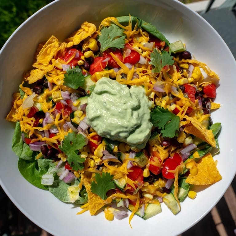 Colorful, sizzling Veggie-Packed Taco Skillet with avocado yogurt creating a creamy, delicious sauce.