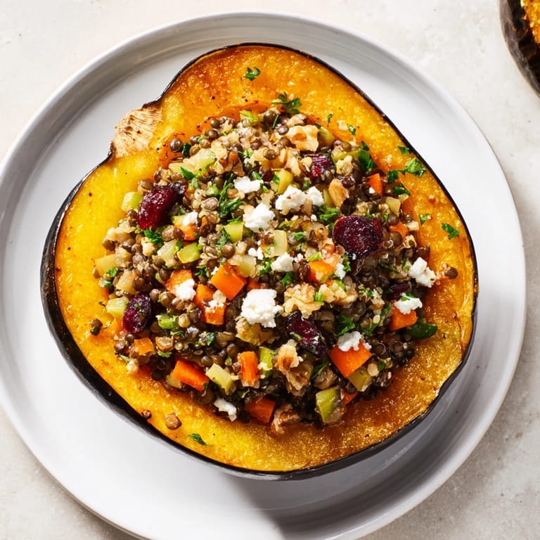 Close-up of golden-brown Lentil & Walnut Stuffed Acorn Squash, showcasing the hearty filling.