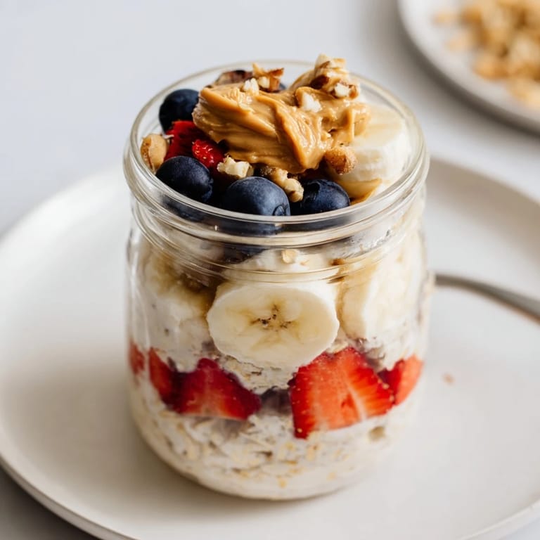 Enjoy a healthy and quick breakfast: colorful, layered Overnight Oats Jars with fruit and peanut butter.
