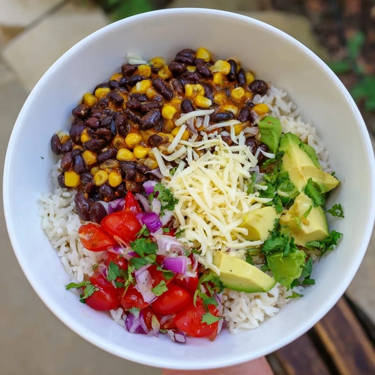 Imagine the textures: a layered Rice, Bean, and Corn Burrito Bowl with creamy avocado and melted cheese.