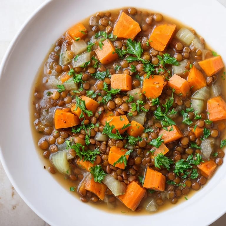 A vibrant close-up of hearty Lentil Soup, full of tender vegetables, perfect for a cozy dinner.