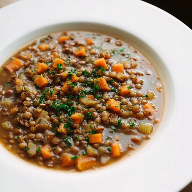Golden Lentil Soup simmering in a pot with carrots and celery – a flavorful, healthy meal.