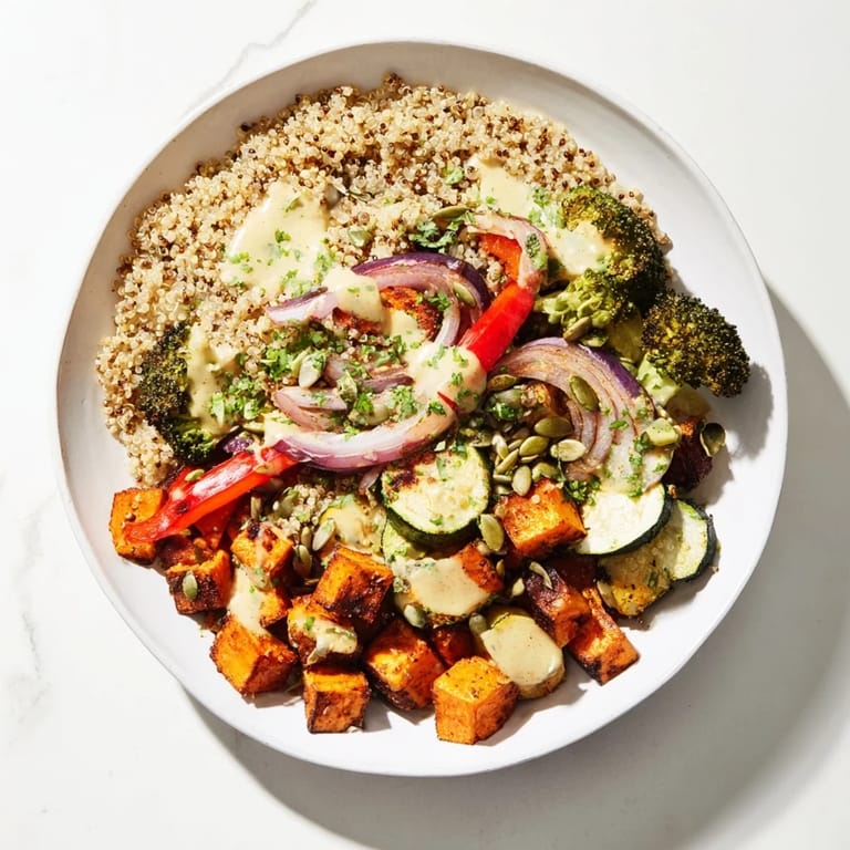 Savory Quinoa Bowl brimming with autumnal roasted veggies, providing a healthy and delicious, flavorful meal.