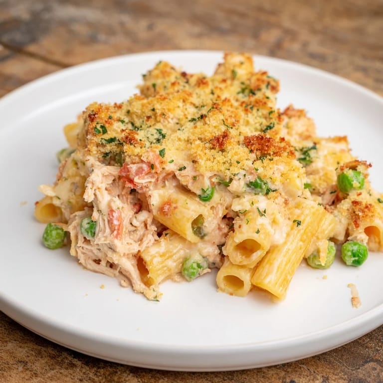 A rich tuna pasta bake with breadcrumb topping, offering a warm, inviting aroma for everyone.