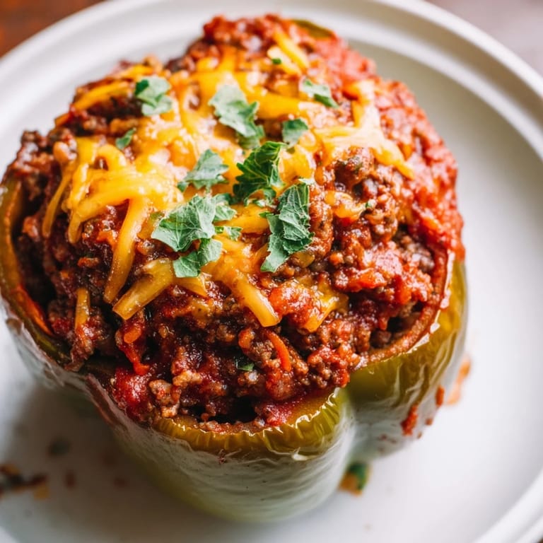 Steaming Sloppy Joe Stuffed Peppers topped with melted cheddar cheese; a delicious American dinner.