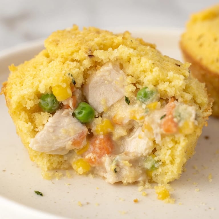 Close-up of fluffy Mini Chicken Pot Pie Cornbread Muffins, combining savory filling and cornbread crust.