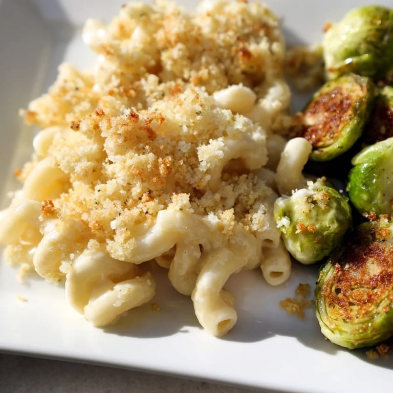 Sheet Pan Mac and Cheese with roasted Brussels sprouts—a flavorful, easy vegetarian dinner baked until tender.