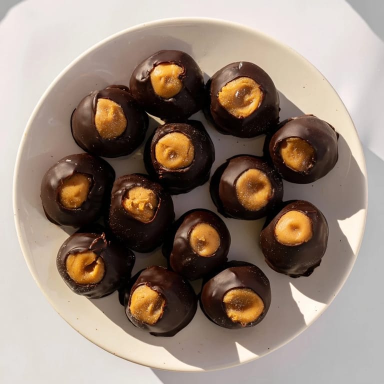A close-up of homemade peanut butter buckeyes: sweet, bite-sized treats with chocolate coating.