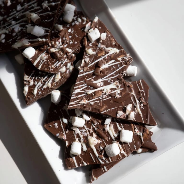 Melted semisweet chocolate transformed into Hot Chocolate Bomb Bark, a visually appealing holiday treat.