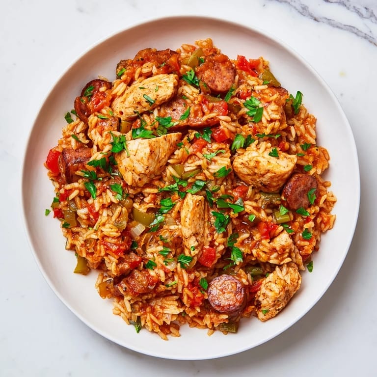 This gluten-free Simple Chicken and Sausage Jambalaya showcases a colorful blend of rice, veggies, and meat.