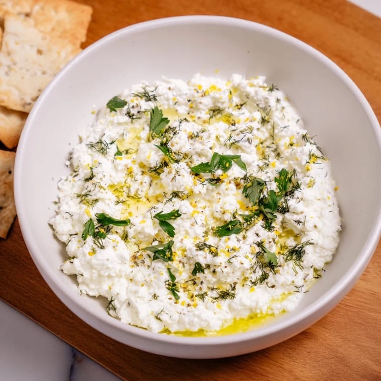 A close-up of vibrant whipped feta, seasoned with Greek herbs and ready to be scooped up.