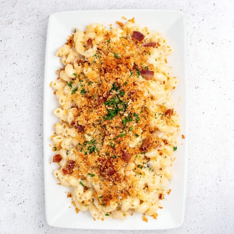 This sheet pan mac and cheese has a savory bacon crumble topping, perfect for a cozy meal.
