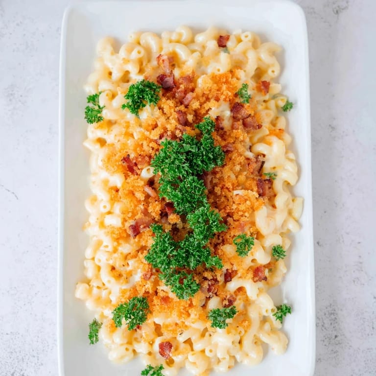 Creamy sheet pan mac and cheese baked until bubbly, served with a crunchy bacon topping.