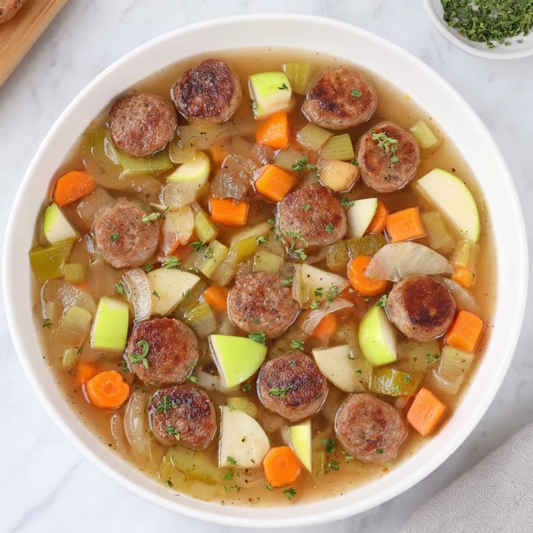 A delicious view of the vibrant colors in this stovetop sausage, celery, and apple hotpot meal.