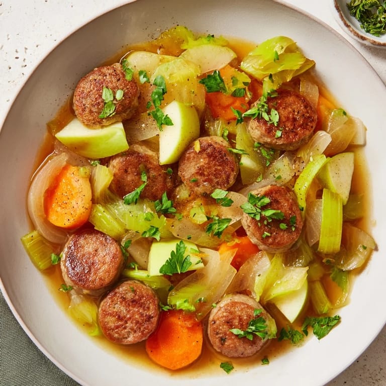 Hearty stovetop sausage, celery, and apple hotpot served warm, ready for a cozy dinner.