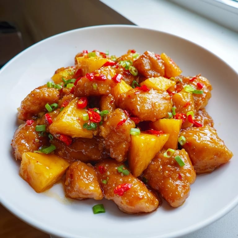 Close-up of bubbling Brown Sugar Pineapple Chicken, showcasing tender chicken and caramelized pineapple chunks.