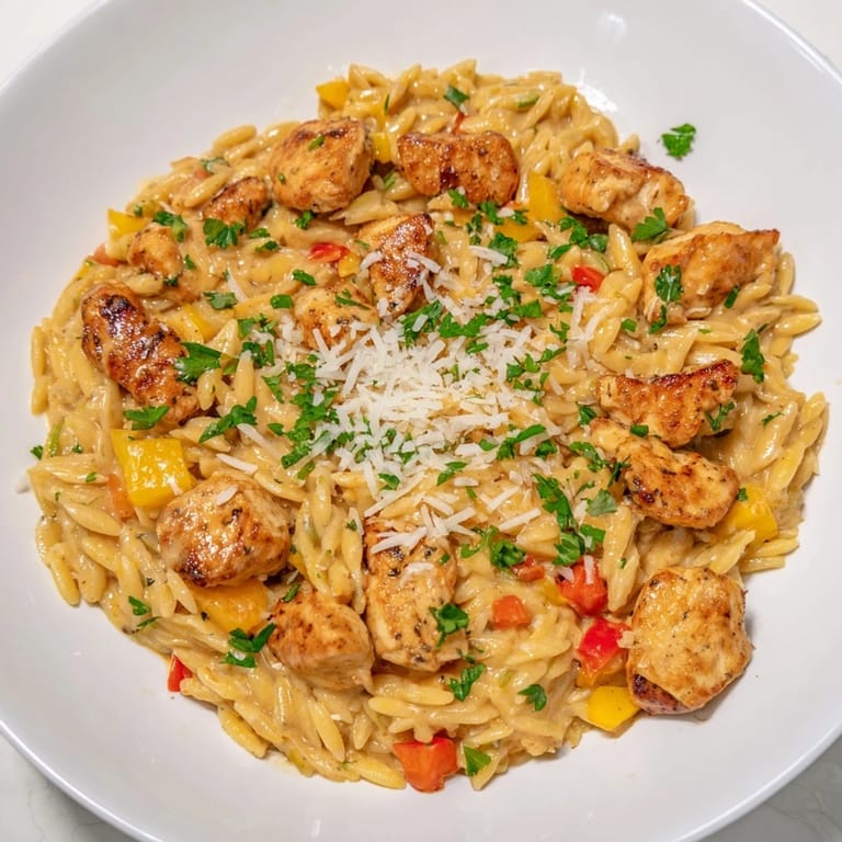 Enjoy a visual of delicious, quick-to-make One-Pot Cajun Chicken Alfredo Orzo, a comforting, spicy meal.