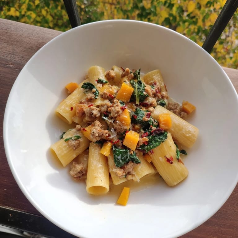 Picture a close-up of delicious Creamy Rigatoni with Butternut Squash, ready to enjoy with a glass of wine.
