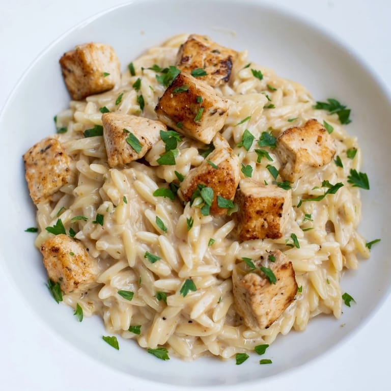 This photo depicts a comforting bowl of One-Pot Cajun Chicken Alfredo Orzo, ready to serve with fresh parsley.