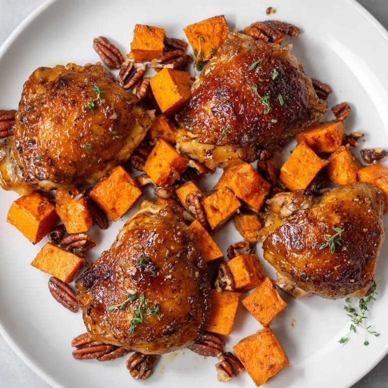 Tender maple glazed chicken with caramelized sweet potatoes, a fall-inspired one-pan meal, ready to serve.