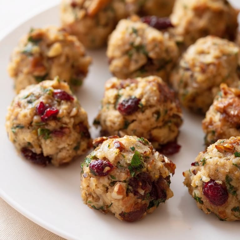 A close-up of delicious Quick Christmas Stuffing Balls, with cranberries, seasoned beautifully, and ready to enjoy.