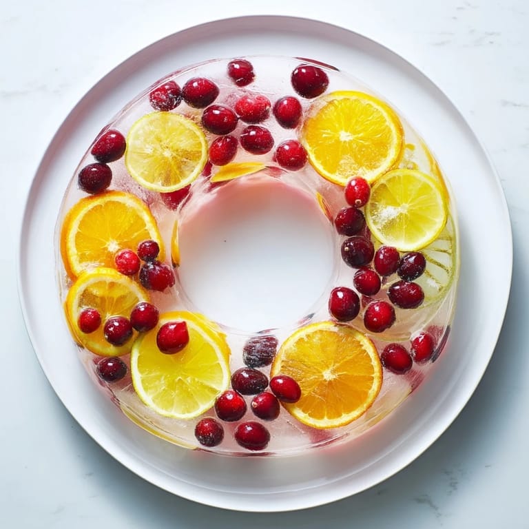 A refreshing close-up of the Quick Holiday Punch with Ice Ring, with frosty edges, perfect for parties.