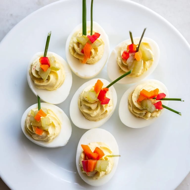 Vibrant festive deviled egg ornaments, decorated with fresh chives, a flavorful and fun appetizer for everyone.