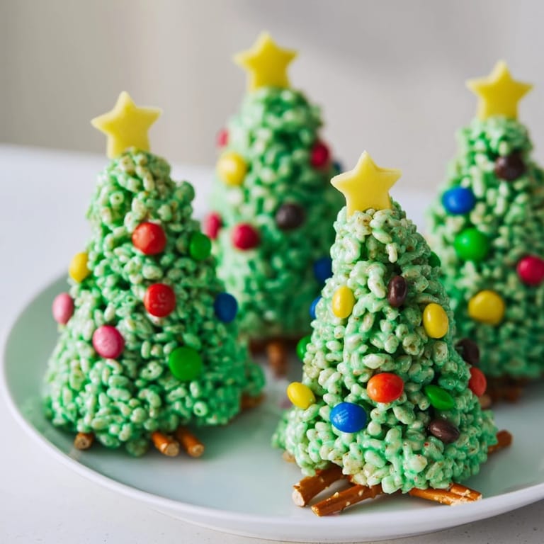 These festive Christmas Tree Rice Crispy Treats look so delicious, topped with sparkling sprinkles and star candies.