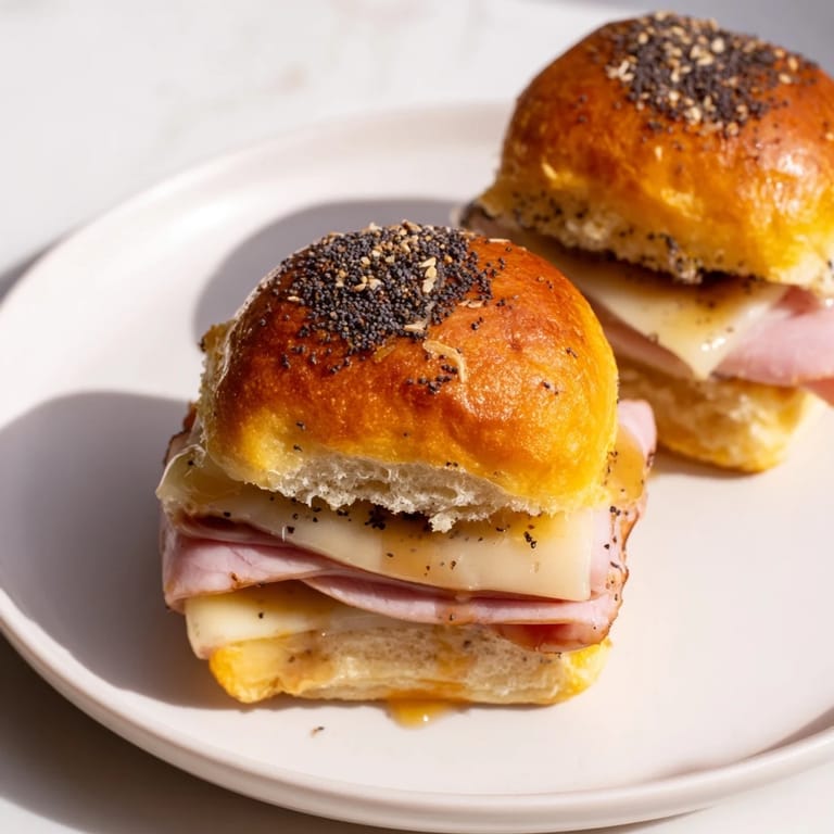 Close-up of baked Budget-Friendly Ham & Cheese Sliders with a buttery, crispy top – a simple, delicious lunch.