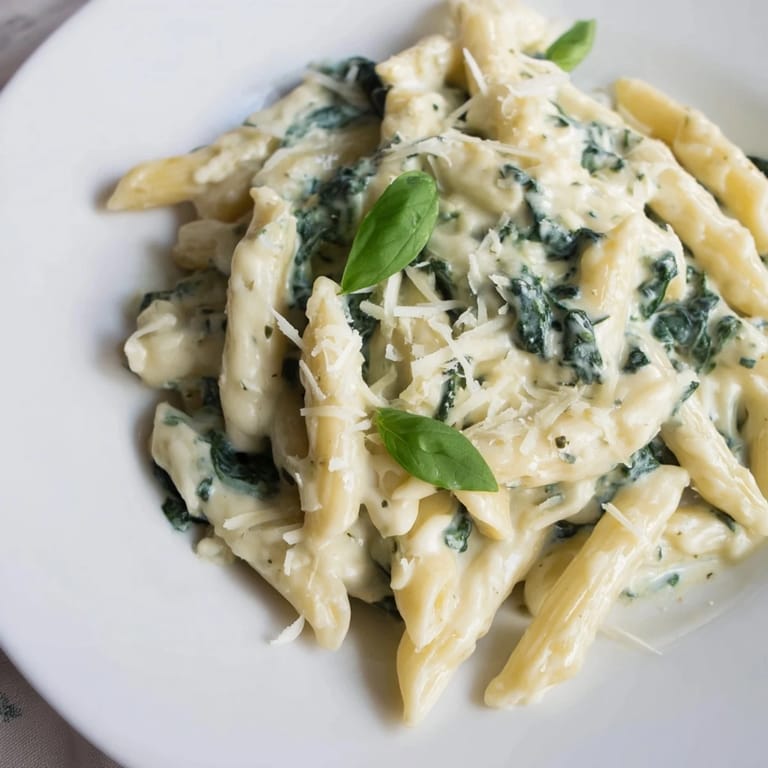 Warm, creamy Cottage Cheese Creamy Spinach Pasta in a bowl, a comforting vegetarian weeknight dinner.