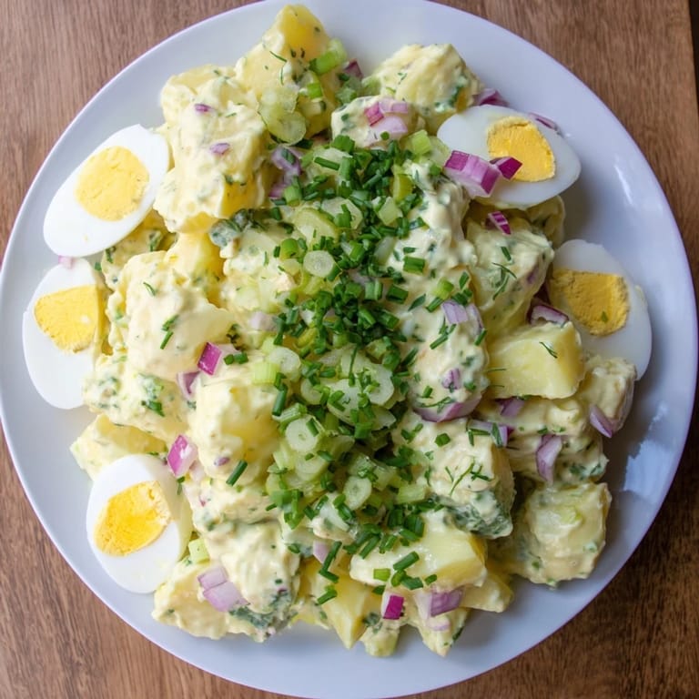 This comforting chopped egg and potato salad features tender potatoes and a tangy dressing, a classic recipe.