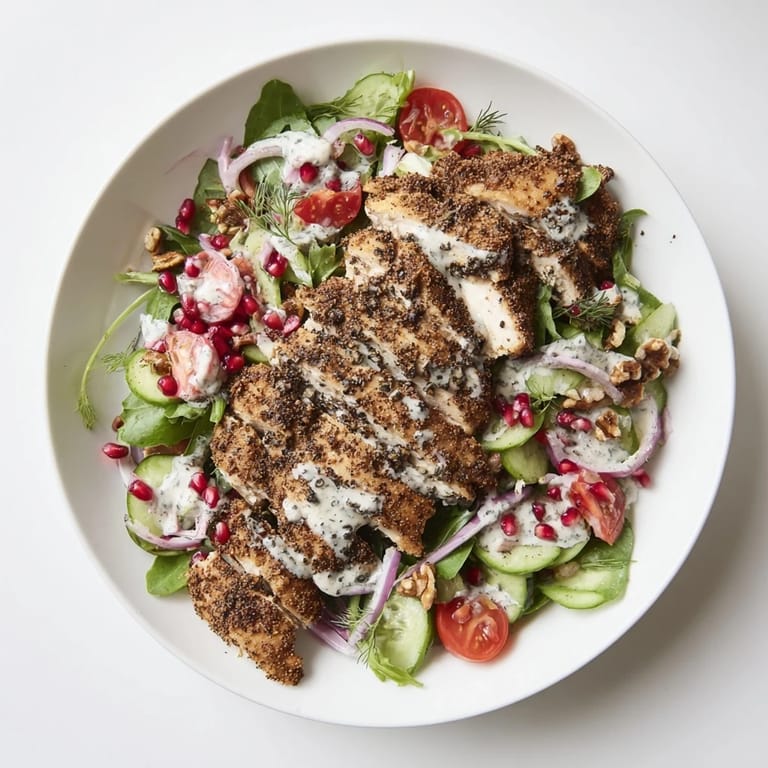 Tender, grilled black pepper chicken slices cascade over a colorful salad, ready to be drizzled with yogurt.