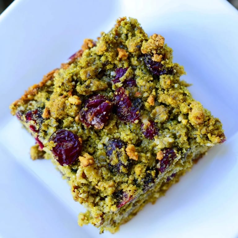 A close-up of delicious Matcha Cranberry Oat Crumble Breakfast Bars shows a flaky oat crumble and vibrant red cranberries.