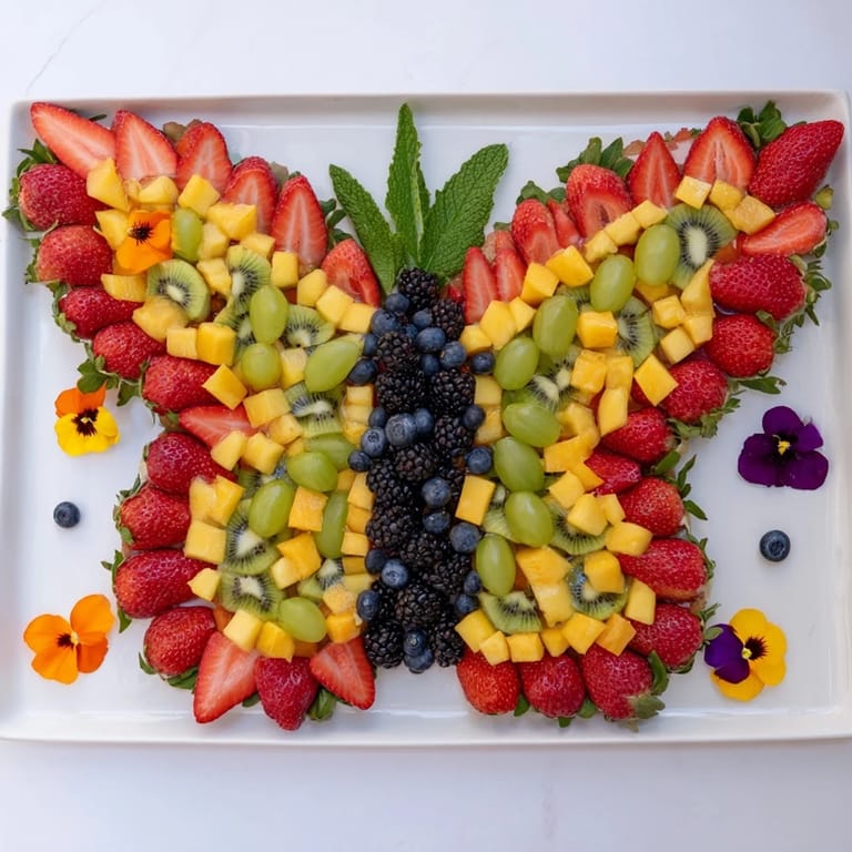 This Butterfly Bloom Fruit Board bursts with vibrant colors from sliced strawberries and grapes.