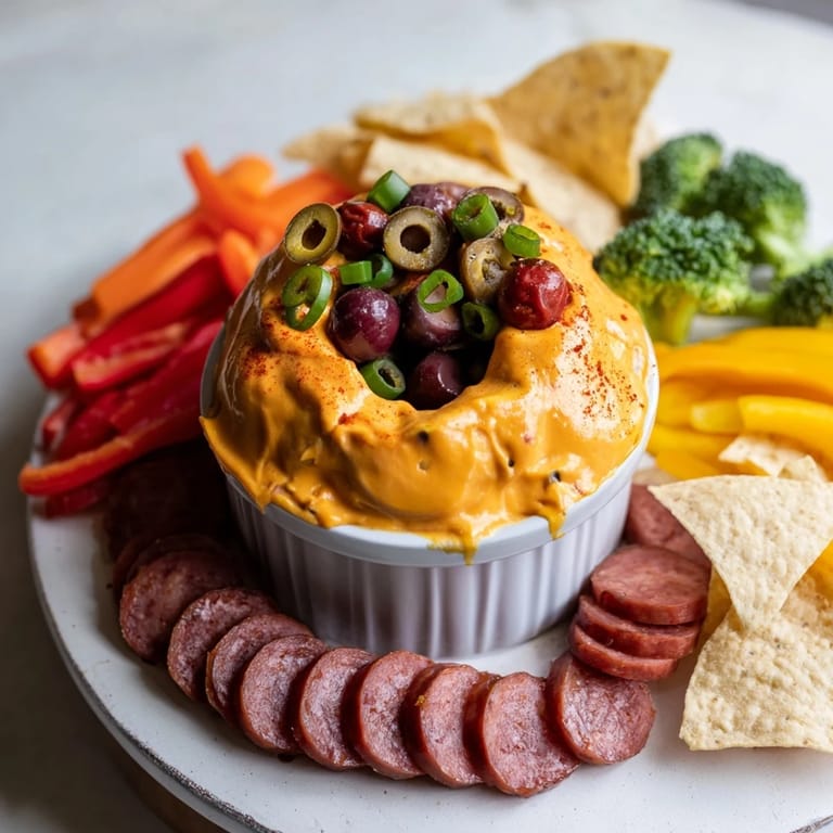 This Lava Flow Volcano Dip shows a party platter complete with a cheesy fountain and sausage on the side.