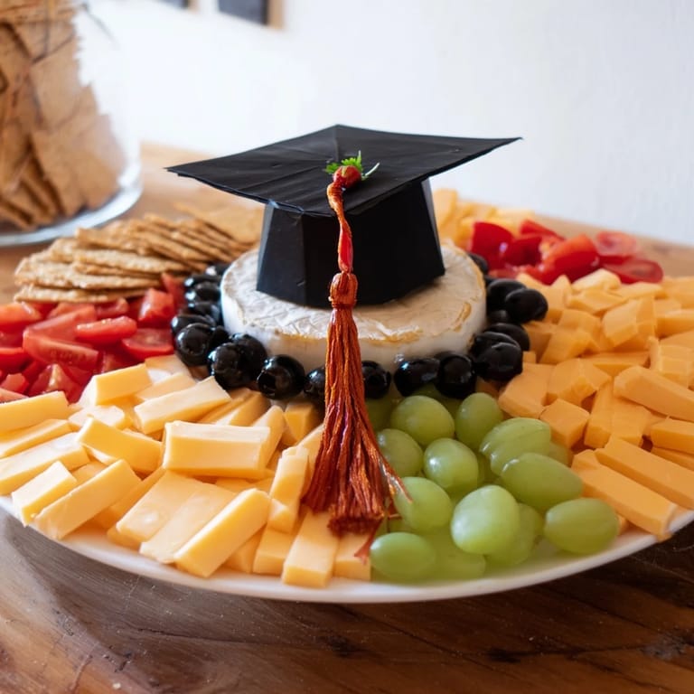 Colorful Graduation Cap Platter, artfully arranged with fresh grapes, tomatoes, and Gouda, perfect for a graduation party.