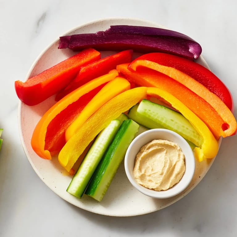 Colorful array of rainbow arch veggie sticks, a fun and easy vegetarian snack for all ages to enjoy.