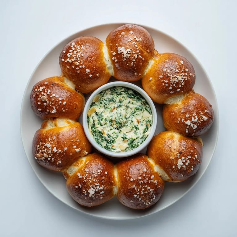 Warm, salty Pretzel Wreath Dip with a cheesy spinach filling, perfect for a party appetizer.