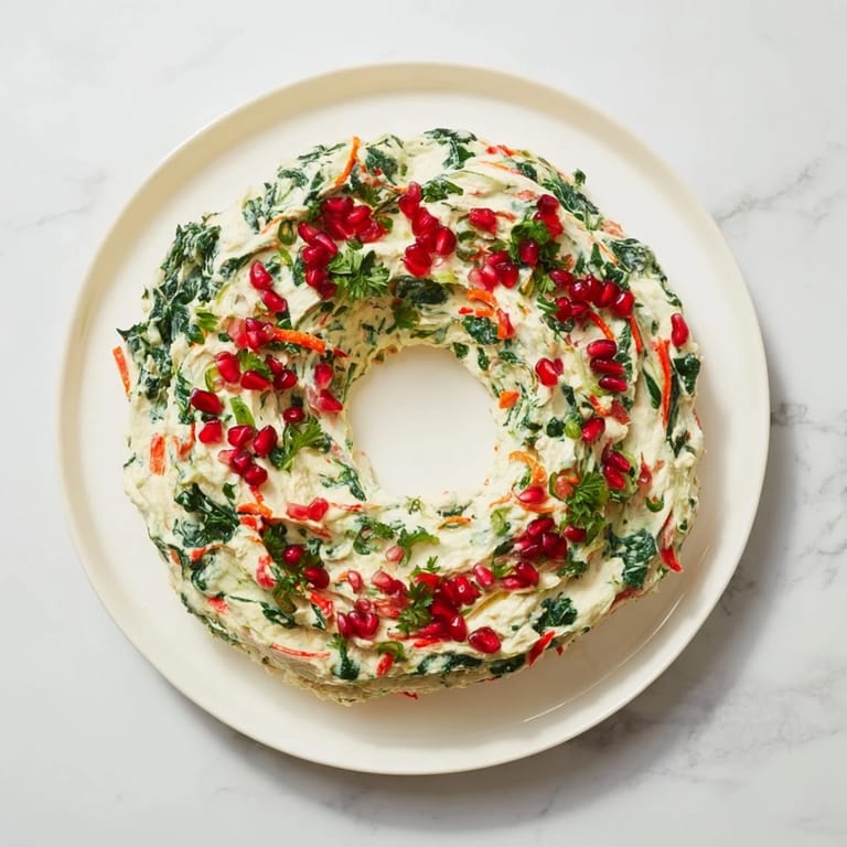 Vibrant red pepper and spinach dip shaped into a festive wreath, perfect with crackers, for your appetizer spread.