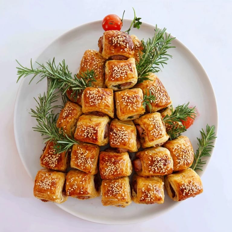Enjoy the sight of flaky, golden brown Savory Bites: Mini Sausage Roll Christmas Tree, ready to be devoured!