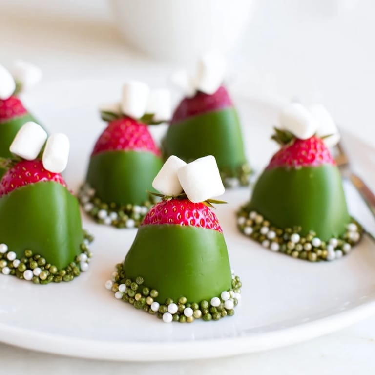 Bright green-and-white Elf Hat Chocolate Dipped Strawberries are ready to eat, a fun and easy treat for kids.