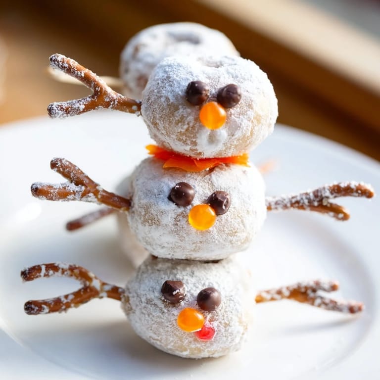 Delicious and fun: stack of mini donut snowmen with orange noses, perfect party dessert.