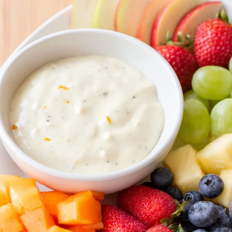 This creamy cream cheese fruit dip sits in a bowl, ready to be enjoyed with fresh, juicy fruit.