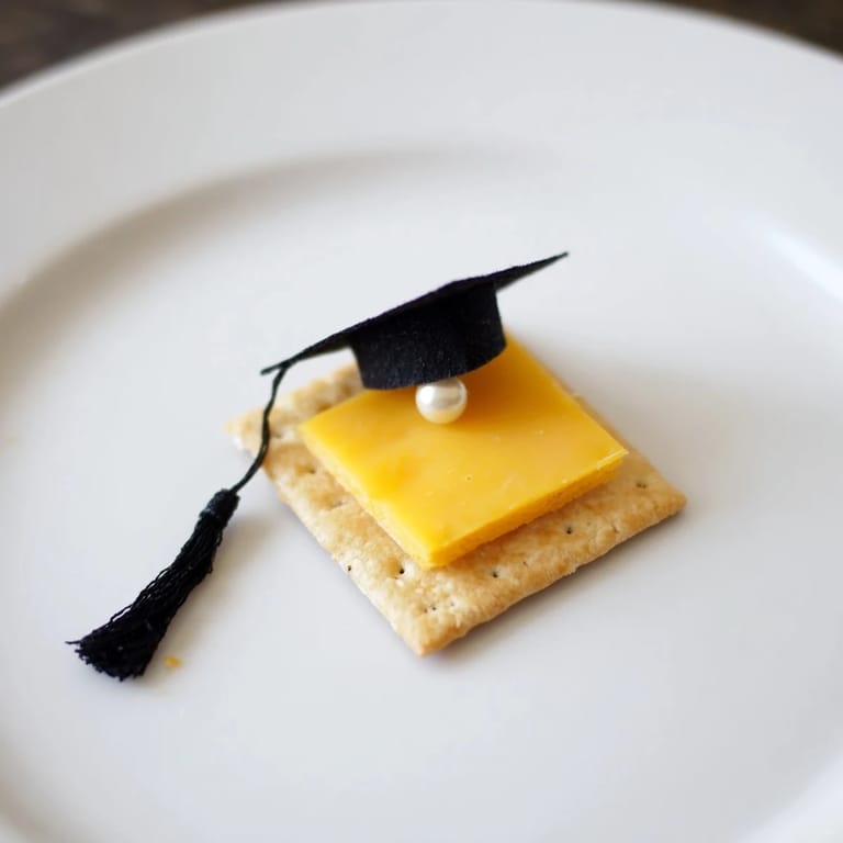 Close-up of whimsical Graduation Cap Snacks with cream cheese "glue" holding the licorice tassels.