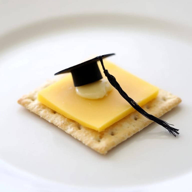 Creative Graduation Cap Snacks featuring cheese squares and colorful, sweet fruit tassels, ready to eat.