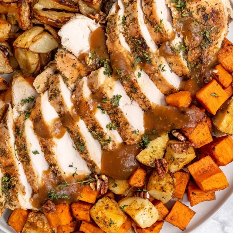 A Thanksgiving feast: golden Chains of the Mayflower turkey and root vegetables, glistening with gravy.