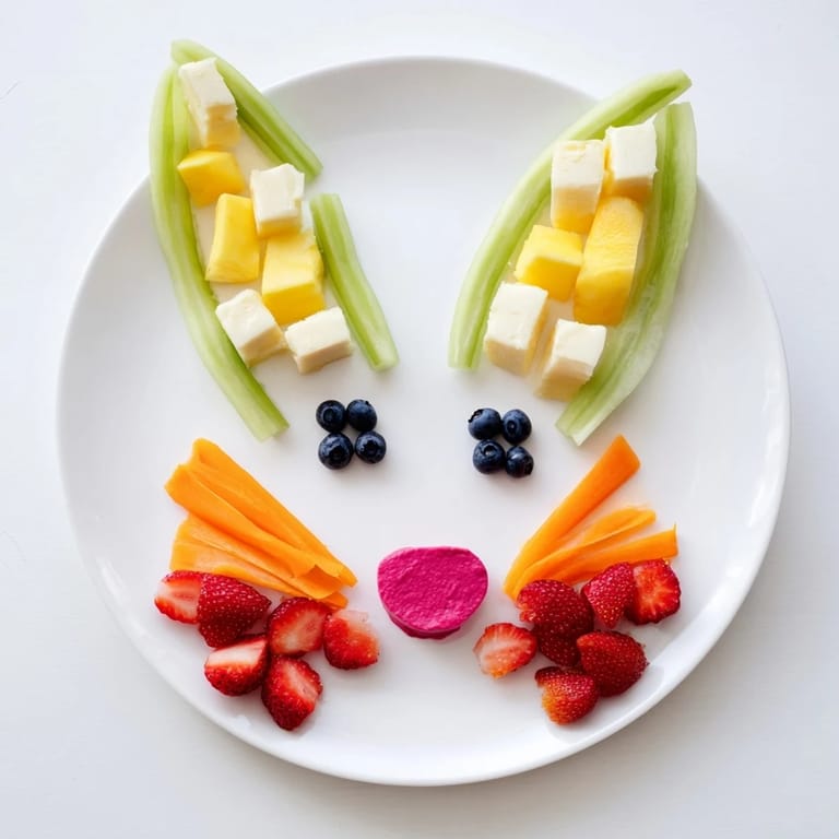 This bunny silhouette recipe creatively arranges colorful fruits, cheeses, and veggies into a charming party snack.