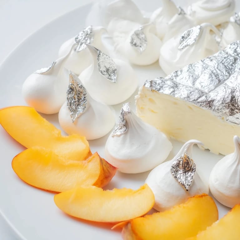 A beautiful cheese board named "Pearly Gates" stars creamy brie, sweet peaches, and crisp meringue.