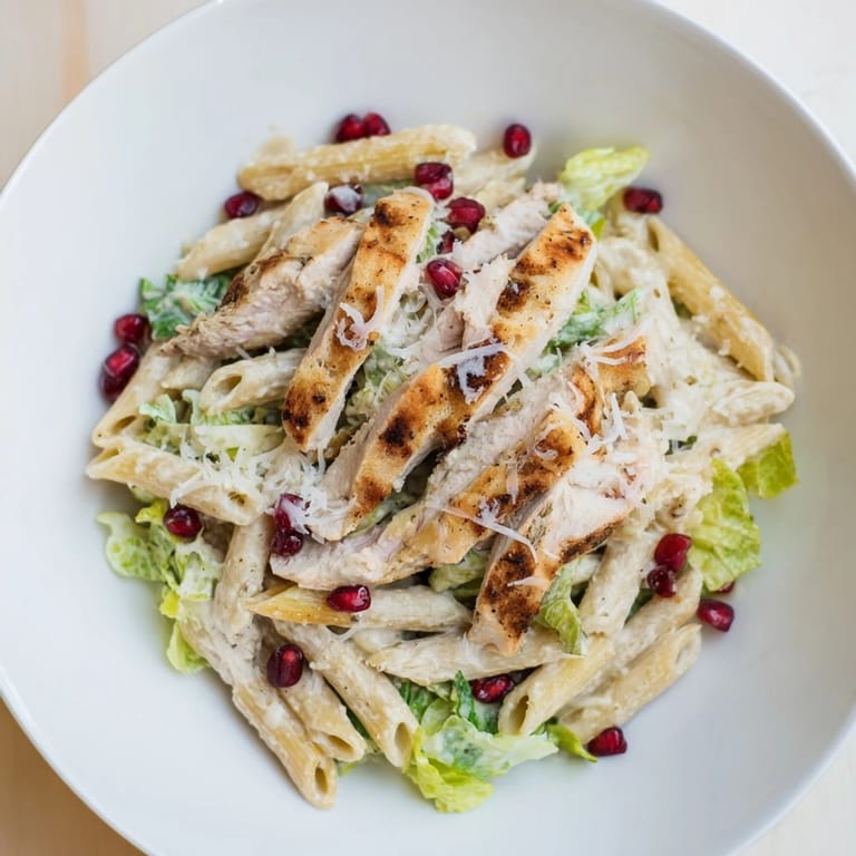 Savory Chicken Caesar Pasta, topped with bright red pomegranate seeds, creates a festive main meal.