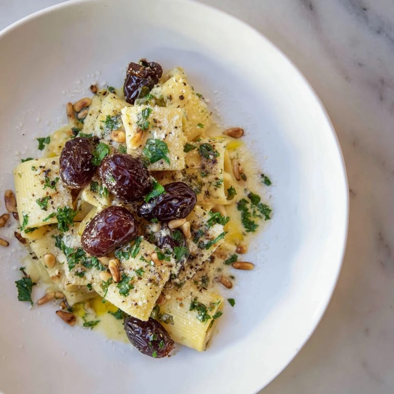 Warm, appetizing Pasta with Roasted Grapes beautifully plated, ready to enjoy with a fresh herb garnish.